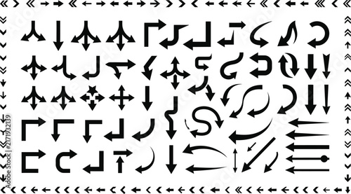 Collection of black directional arrows and pointer signs in various shapes