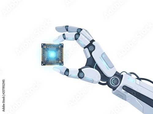Advanced robotic hand holding a glowing microchip, symbolizing futuristic technology and artificial intelligence innovation