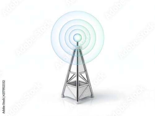 3D Illustration of a Telecommunication Tower Emitting Blue Radio Waves for Wireless Data Connection and Global Broadcasting Network Services