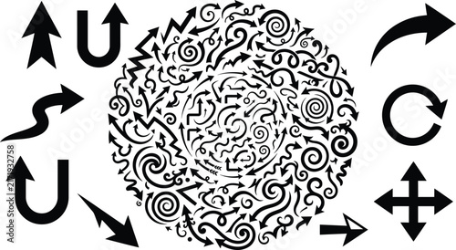 Abstract circular design made of various black ink arrows and directional