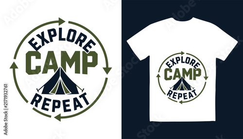 Explore camp repeat circular typography design printed on white t-shirt with t shirt typography clothing illustration