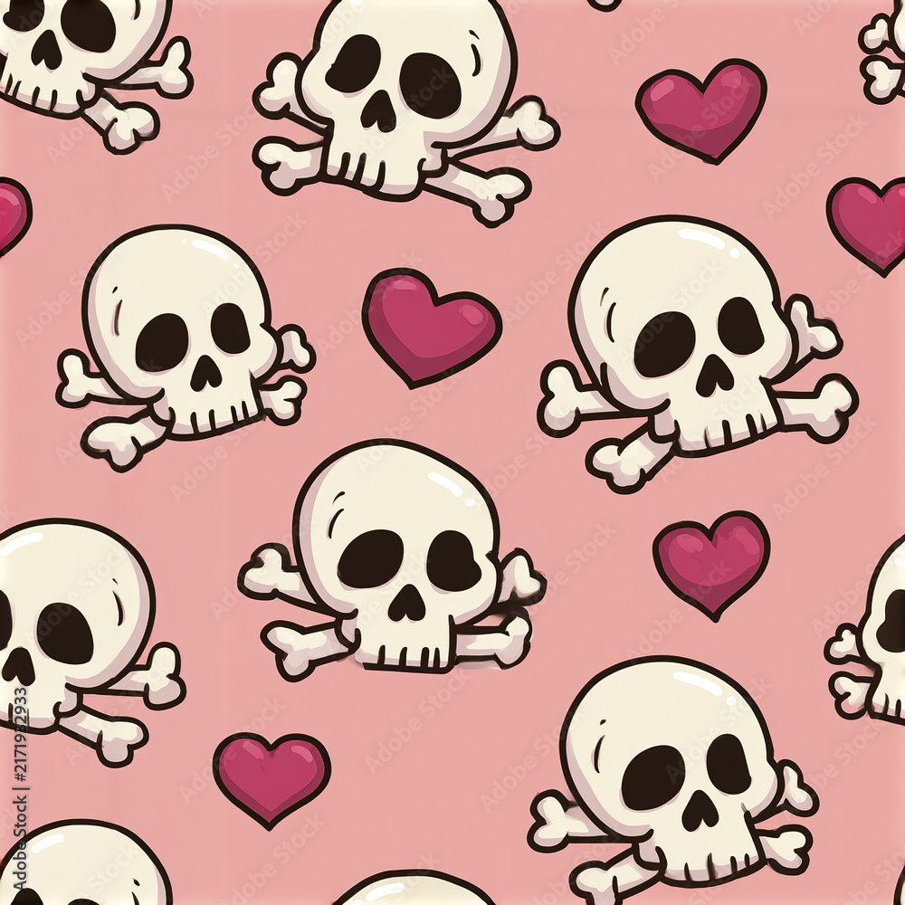 Fototapeta premium Cute skull and heart seamless pattern with repeating white skull and crossbones and red hearts on pink background