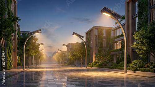 Modern Eco Friendly Smart City Street with Solar Panel LED Streetlights and Green Architecture Buildings at Twilight