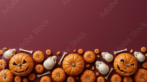 Halloween pumpkins skulls and bones on a burgundy background festive autumn still life