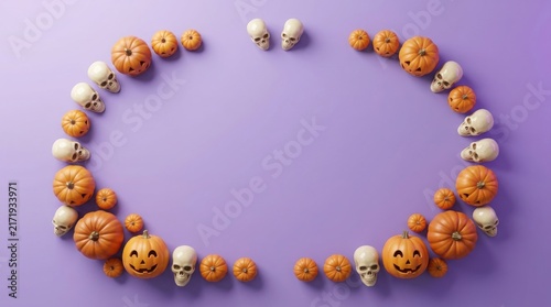 Halloween arrangement of pumpkins and skulls forming an oval frame on a lilac background