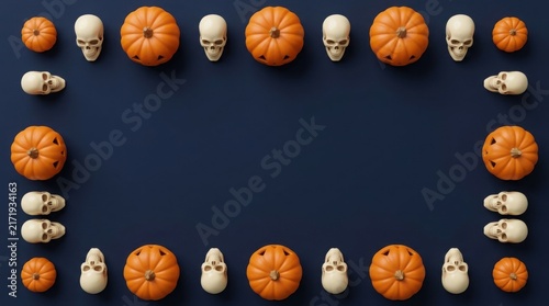Halloween arrangement of pumpkins and skulls on a dark blue background