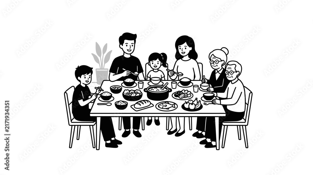Fototapeta premium Large family eating around long rectangular table.
