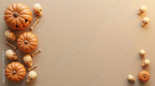 Halloween arrangement with pumpkins skulls and bones on a beige background