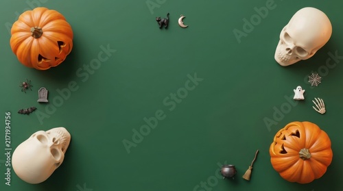 Halloween decorations with pumpkins skulls and a ghostly scene on a dark green background