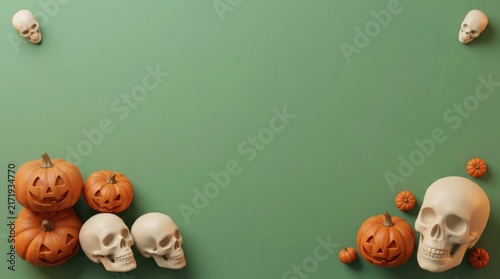 Halloween arrangement with skulls and pumpkins on a muted green background