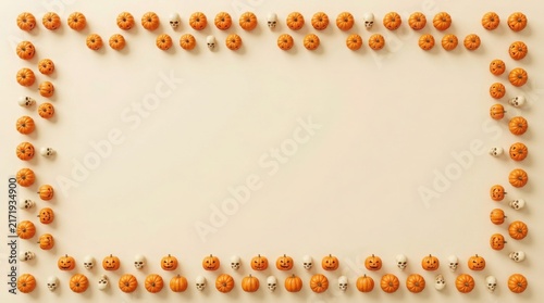 Halloween pumpkins and skulls arranged in a rectangular frame on a beige background
