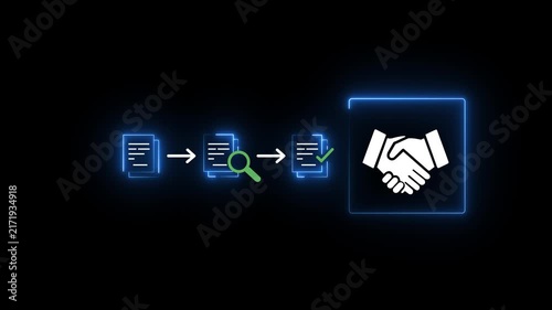 Procurement process management, Digital and paper document approval, contract verification, supplier negotiation, and business purchasing operations using 4k motion graphic animation.