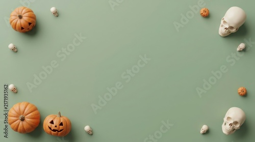 Halloween pumpkins and skulls flat lay on a pastel green background with copy space