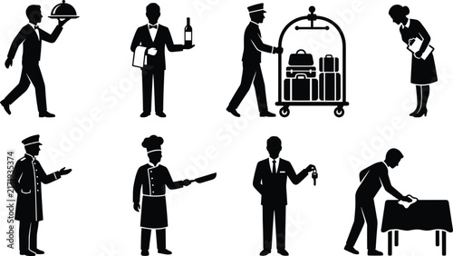 Hotel Staff and Hospitality Workers Silhouettes Set Vector