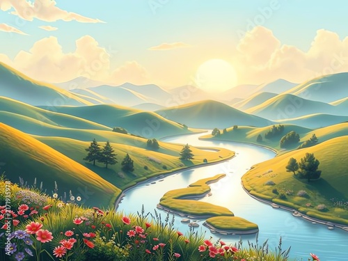 Serene landscape with winding river and rolling hills at sunrise.