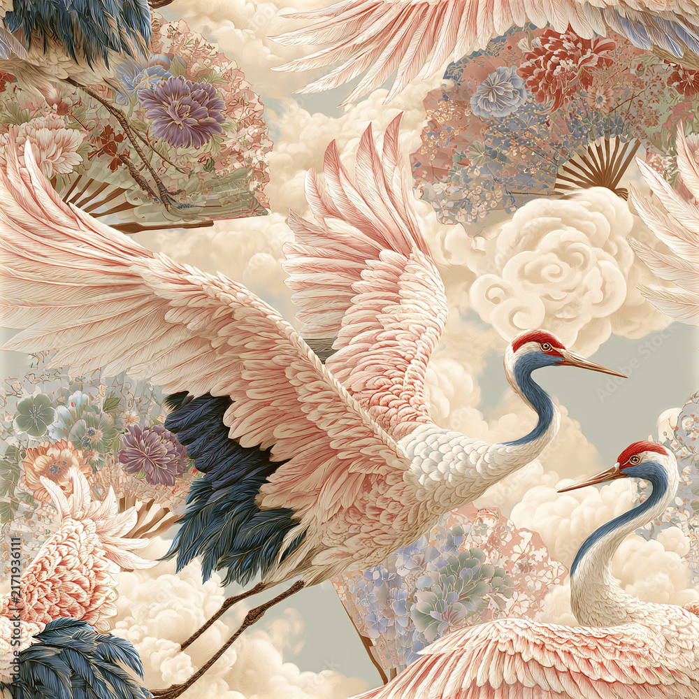 Naklejka premium Elegant crane bird seamless pattern with floral fans and soft clouds, creating serene and delicate atmosphere in pastel tones