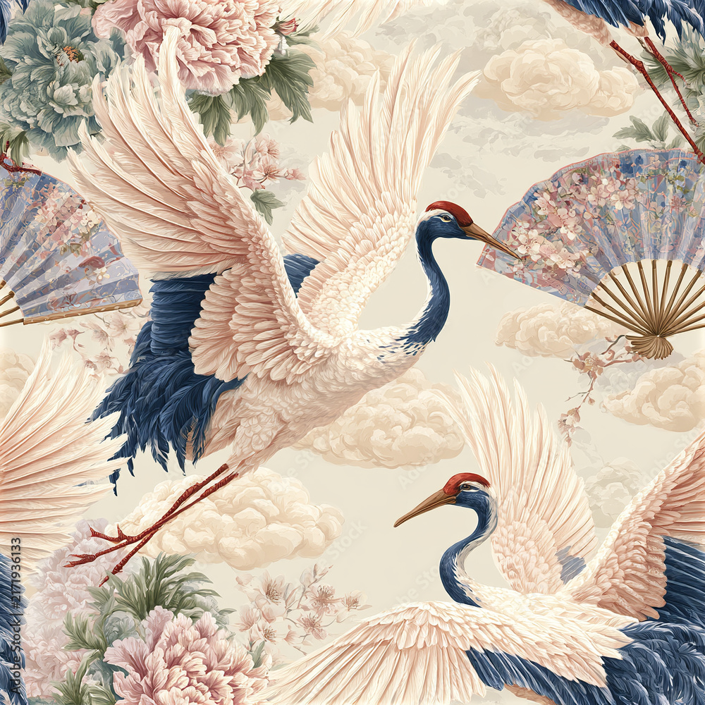 Naklejka premium Elegant crane bird seamless pattern with floral peony and decorative fan, soft pastel colors create serene atmosphere