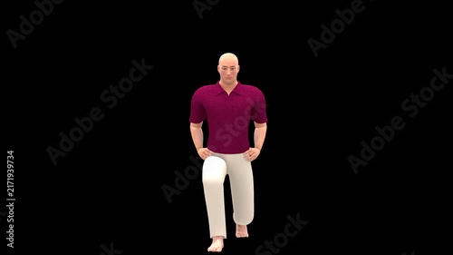 Medical 3D animation of forward lunge exercise featuring a 3D Realistic Human Figure, captured in Anterior Front Perspective, Isolated Transparent Alpha Channel