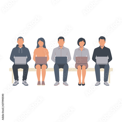 Group of five office workers sitting on bench using laptops for remote work and digital collaboration