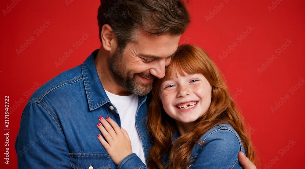 Fototapeta premium Father and Daughter Hugging and Laughing on Red Background