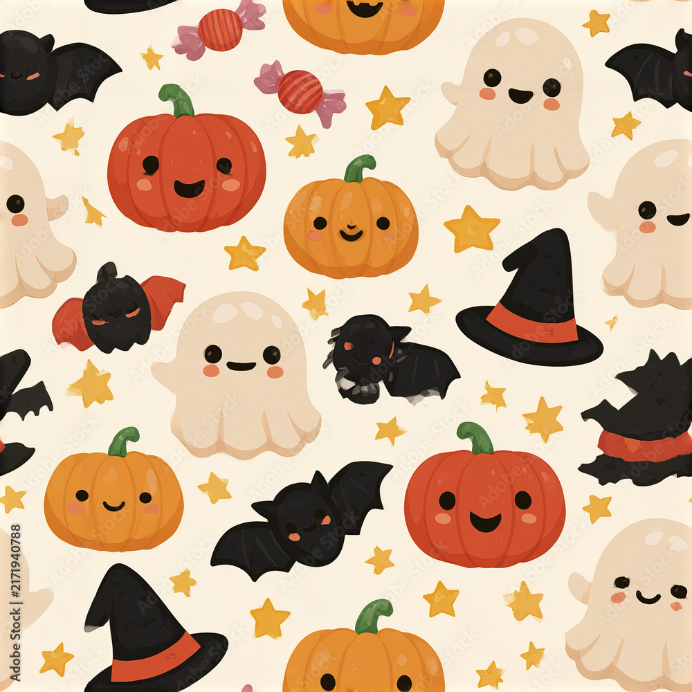 Fototapeta premium Fun Halloween friends seamless pattern with adorable pumpkin, ghost, bat, witch hat, candy, and star shapes in cheerful style