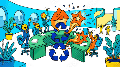 Vibrant corporate illustration with cheerful business people celebrating around a circular desk featuring rising recycling symbols and flying stars, concept for eco-friendly business success, team