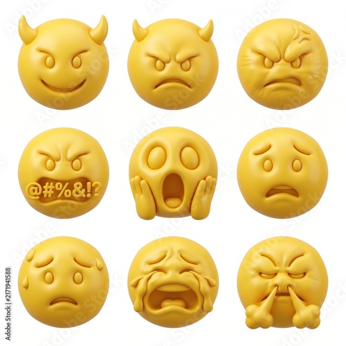 Set of Emoji Faces Expressing Various Emotions: A collection of nine yellow emoji faces, each displaying a distinct emotion ranging from mischievous glee and anger to fear, sadness, and rage.