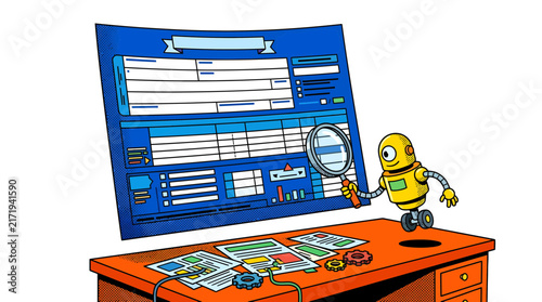 Cute cartoon robot with magnifying glass inspecting digital data interface on large screen, concept for automated auditing, artificial intelligence, and software analysis, suitable for tech blogs and