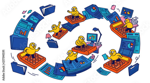Dynamic vector illustration of tiny cartoon office workers navigating a swirling vortex of oversized calculators and financial documents, concept for busy accounting workflow, corporate tax analysis,