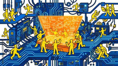 Futuristic digital illustration with tiny yellow people working around glowing orange data display on blue circuit board background, concept for software development teamwork, suitable for tech