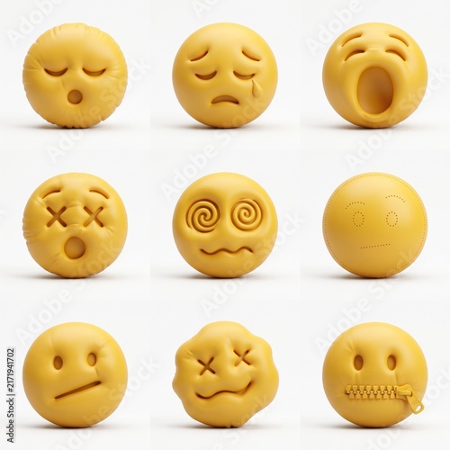 Clay Emoji Expressions: A set of nine small, round clay figures, each handcrafted to represent a different emotion.