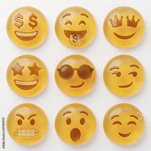 Assortment of Emoticon Candies: A delightful collection of nine assorted emoji-shaped gummy candies, each depicting a distinct expression from laughter and joy to anger and surprise.