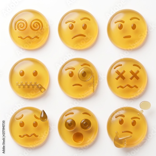 Assortment of Smiley Face Gummies: A collection of nine translucent yellow gummy candies, each meticulously crafted to represent a distinct facial expression, arranged in a 3x3 grid.