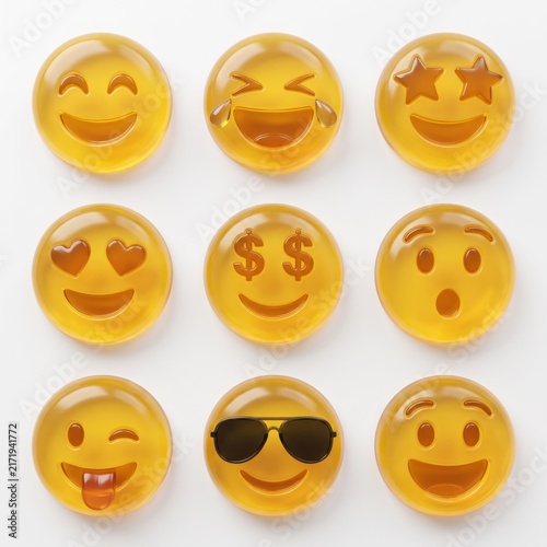 Assorted Emoji Candies: A collection of nine round, translucent candies, each imprinted with a different expressive emoji face, offering a playful assortment of emotions and reactions.