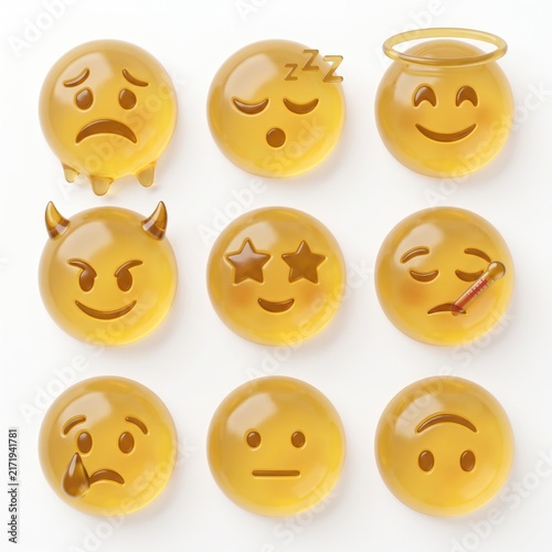 Set of Emoji Candies: A vibrant collection of nine distinct gummy candies, each meticulously crafted to represent a different emotion from joy and contentment to sadness and anger.