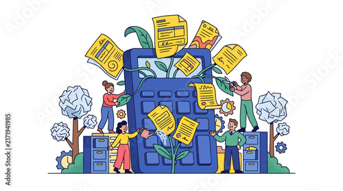 Flat vector illustration with small office people managing a giant calculator and growing financial documents, concept for accounting service, tax report management, and business investment growth
