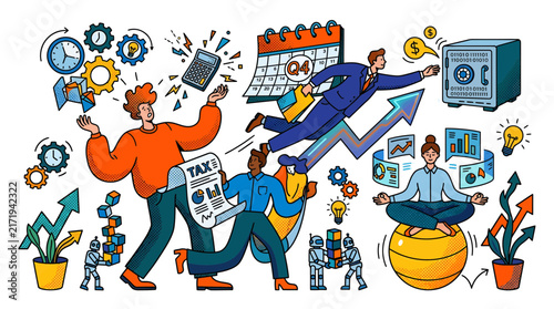 Colorful vector illustration with diverse business characters managing taxes, achieving financial goals, and meditating, concept for Q4 planning, stress-free accounting, and corporate productivity