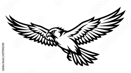 Stylized black and white illustration of a majestic hawk or falcon in flight with wings spread, showcasing its powerful form.