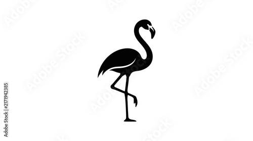 A sleek black silhouette of a flamingo standing on one leg against a clean white background, showcasing its elegant form.