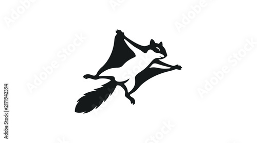 A black and white stylized illustration of a flying squirrel gliding through the air with its membrane extended.