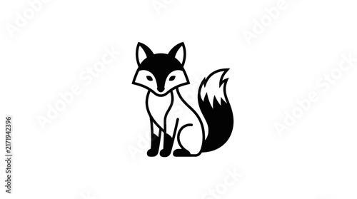 A simple black and white line art illustration of a sitting fox with a bushy tail and pointy ears.