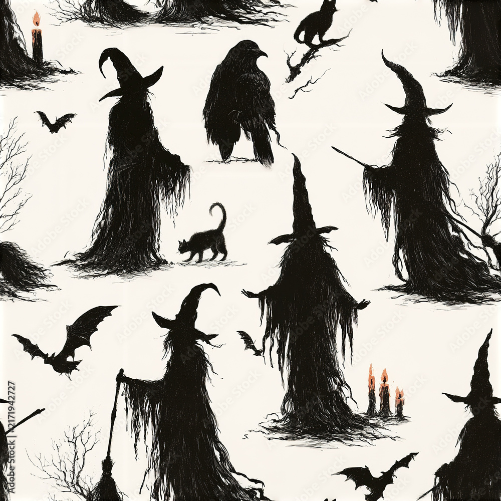 Obraz premium Gothic Halloween pattern with witches, black cats, bats, candles, and ravens creating spooky and mysterious atmosphere