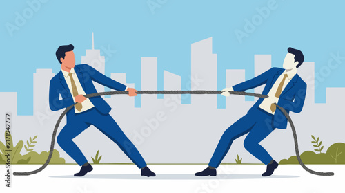 Bild auf Leinwand Business competition: Two men in suits engaged in a tug-of-war illustration