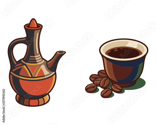Traditional Ethiopian Coffee Ceremony Set with Clay Jebena and Cup.