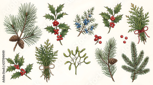 Different Festive Evergreen Sprigs with Berries and Pinecones