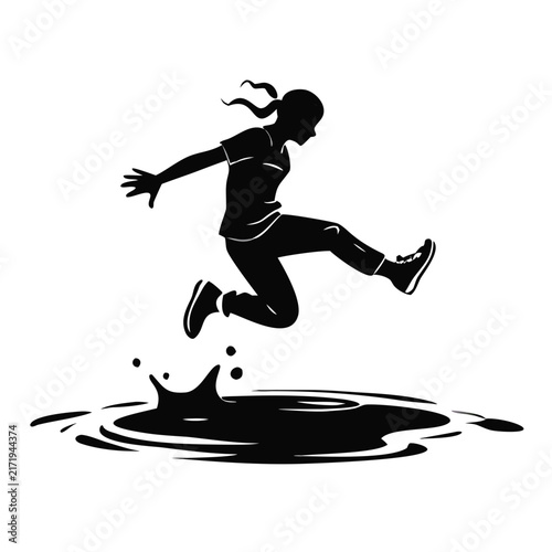 Dynamic Silhouette of Person Leaping Over Puddle, Symbolizing Overcoming Challenges and Forward Progress for Motivational Content, Growth Mindset Blogs, and Resilience Campaigns
