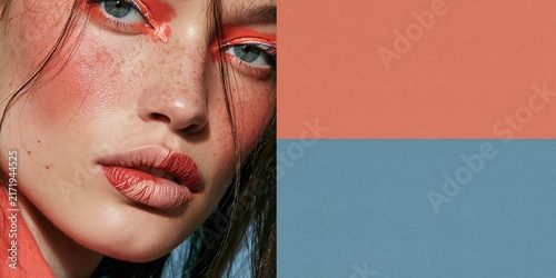 Freckled woman with coral graphic eye makeup and glossy lips framed beside peach and blue color blocks with generous negative space Advertising layout for beauty