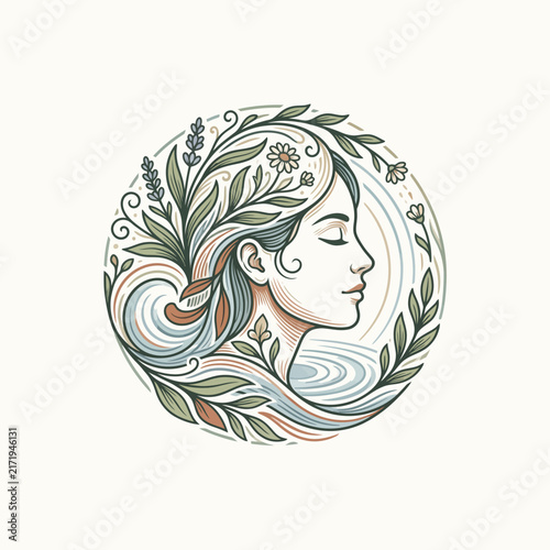 Serene Woman with Flowing Hair and Botanical Leaves in Circular Emblem