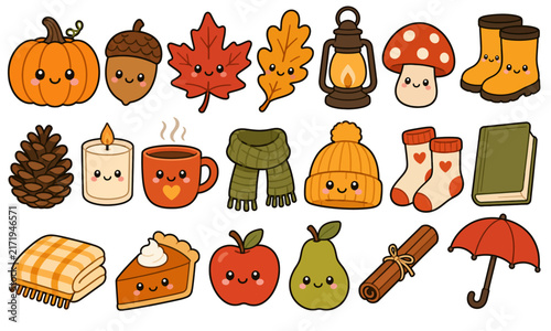 Cute Kawaii Autumn Clipart Set with Pumpkin, Leaves and Cozy Fall Essentials