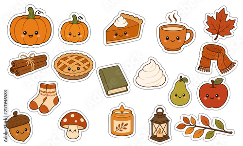 Cute Kawaii Autumn Clipart Set with Pumpkins, Pie, Maple Leaf and Cozy Fall Elements